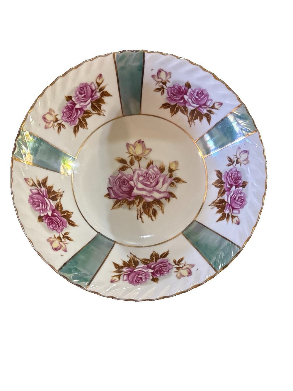 Vtg UCAGCO Japan 9" Serving Bowl Porcelain Purple Pink Floral Roses Gold Trim